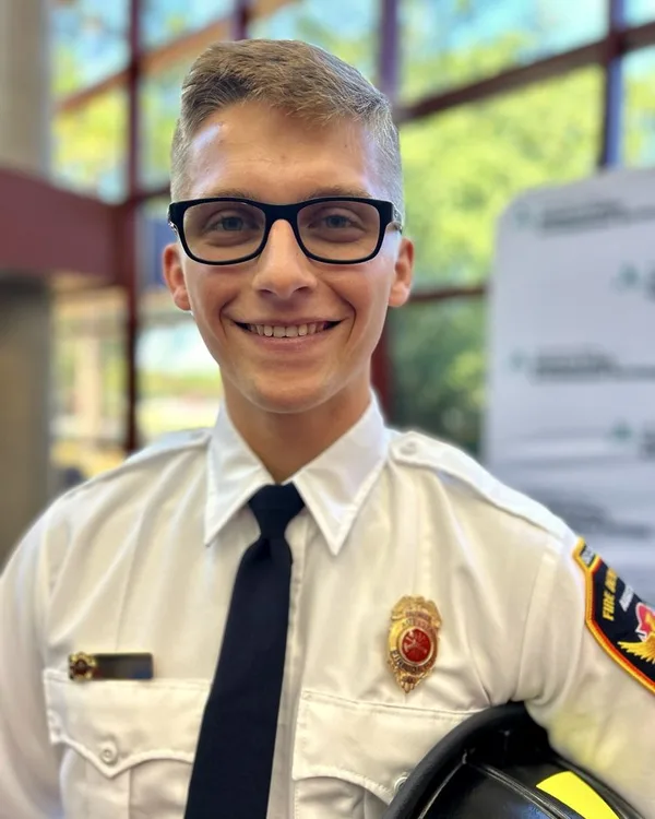 Little d Darlin' in his fire department dress uniform